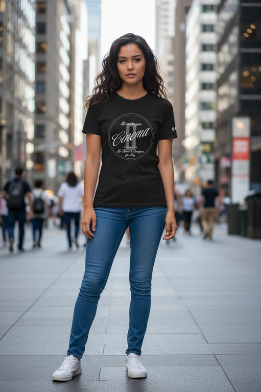 Woman wearing black Cinema T-Shirt on city sidewalk